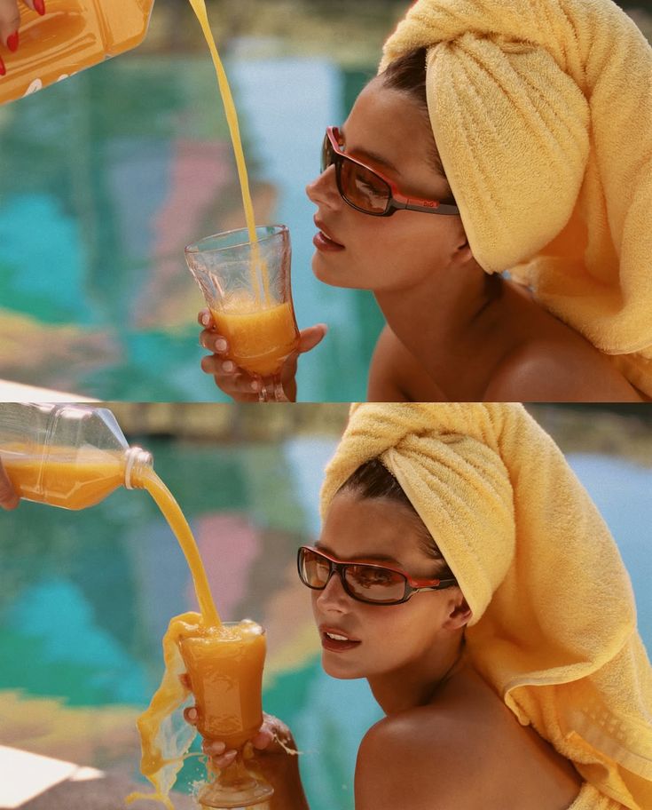 Woman in sunglasses and a yellow towel turban pouring orange juice by a pool